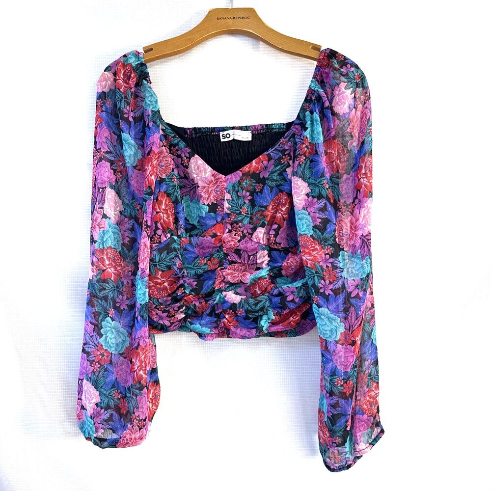 SO Cropped Ruched Blouse Multi-Color Floral Long Sleeve Off Shoulder - L
